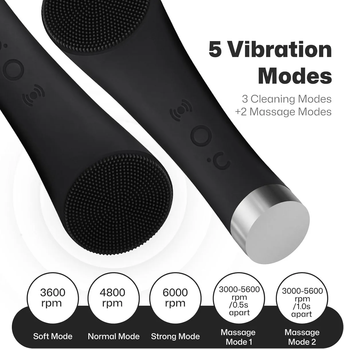 facial cleansing brush speeds for soft, normal, strong and two massage modes