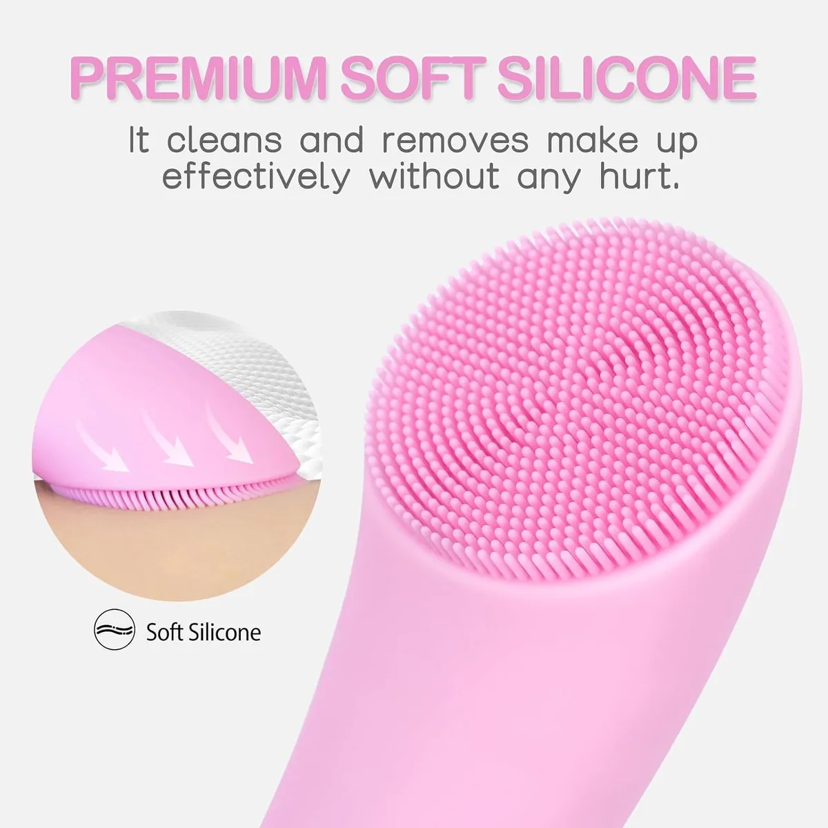 pink facial cleansing brush bristles bending softly against the skin