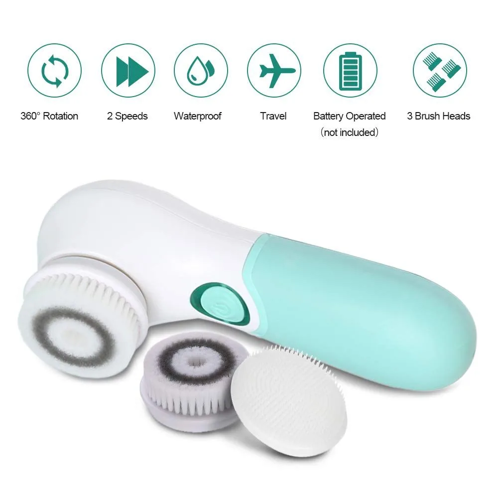 spin facial cleansing brush features: 360 degree rotation, 2 speeds, travel friendly