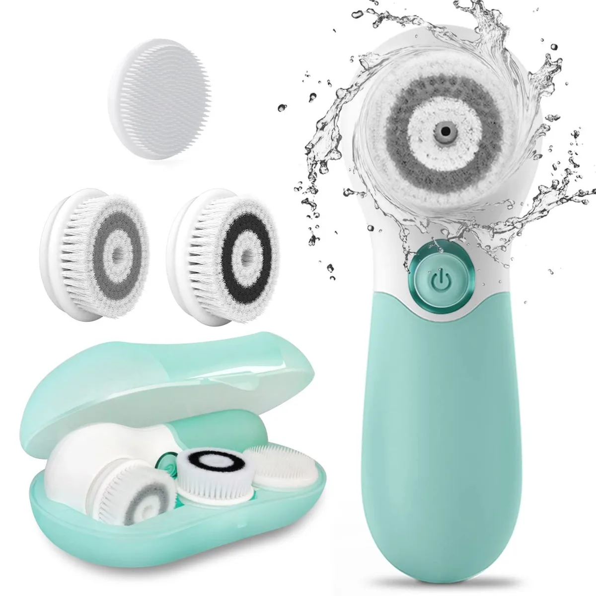 everything included with the spin facial cleansing brush: handle, 3 heads and case