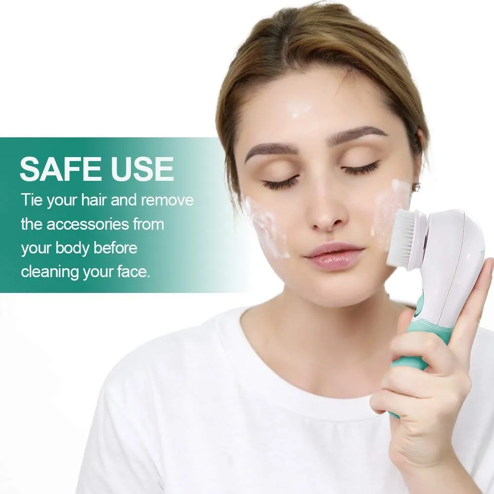 woman using the spin facial cleansing brush with foaming cleanser