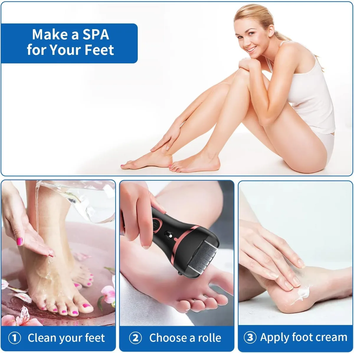 three steps for an at-home pedicure with the electric foot callus remover