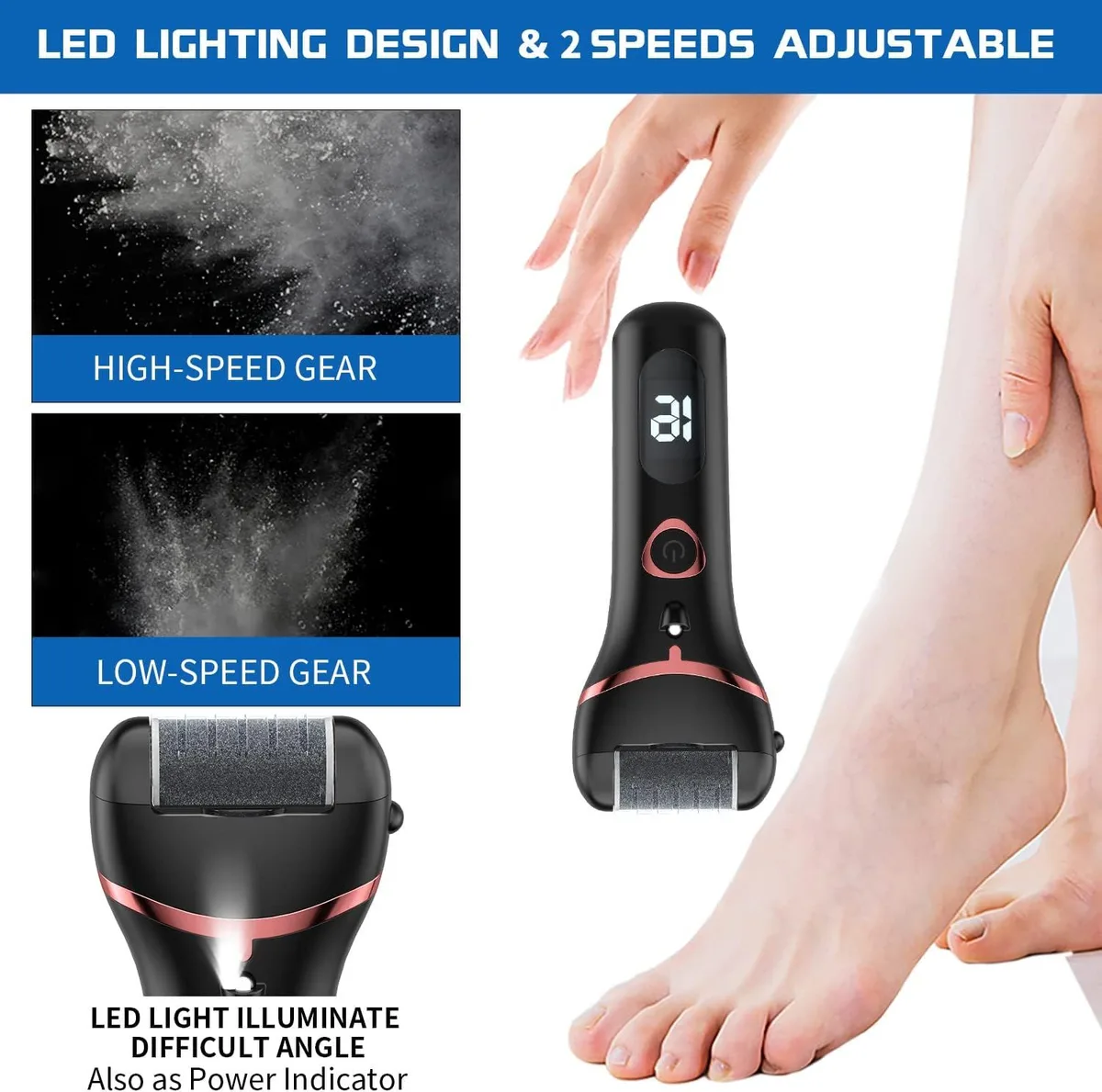 electric foot callus remover LED light and two speed settings