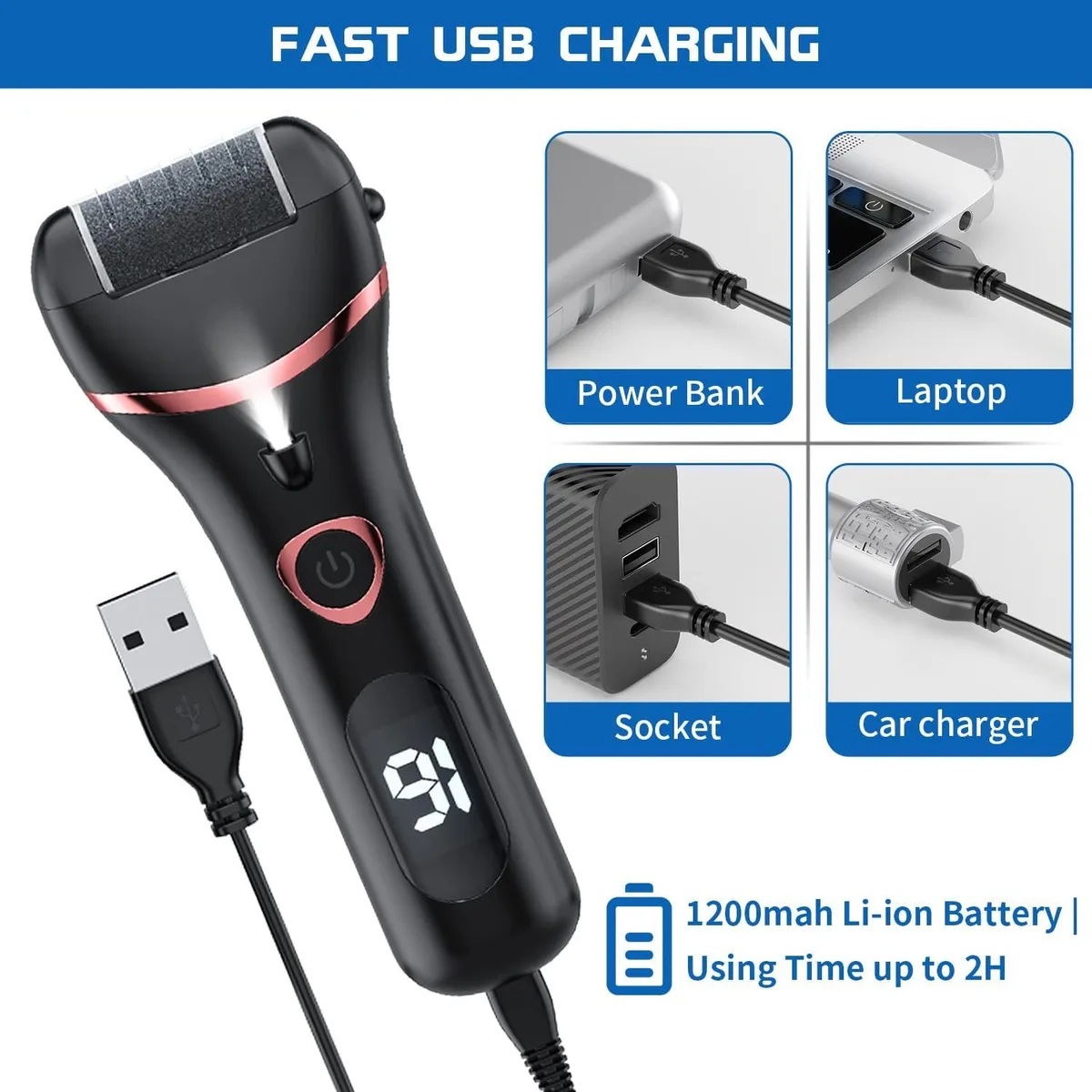 electric foot callus remover charging by USB from a laptop, socket or power bank