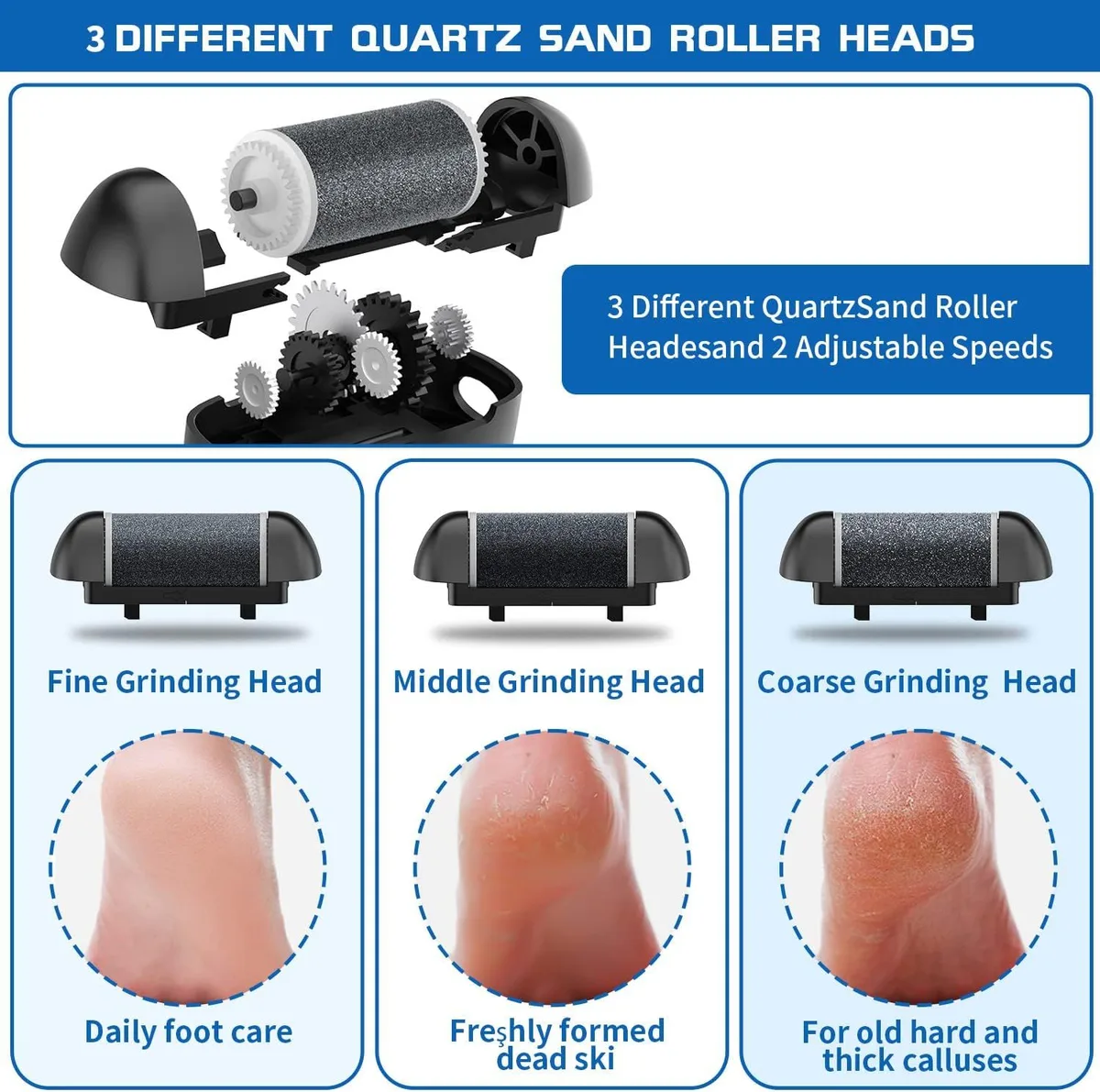 fine, medium and coarse roller heads for the electric foot callus remover