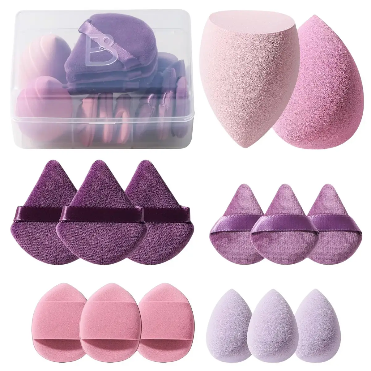all 14 pieces of the makeup sponge and powder puff set with the clear case