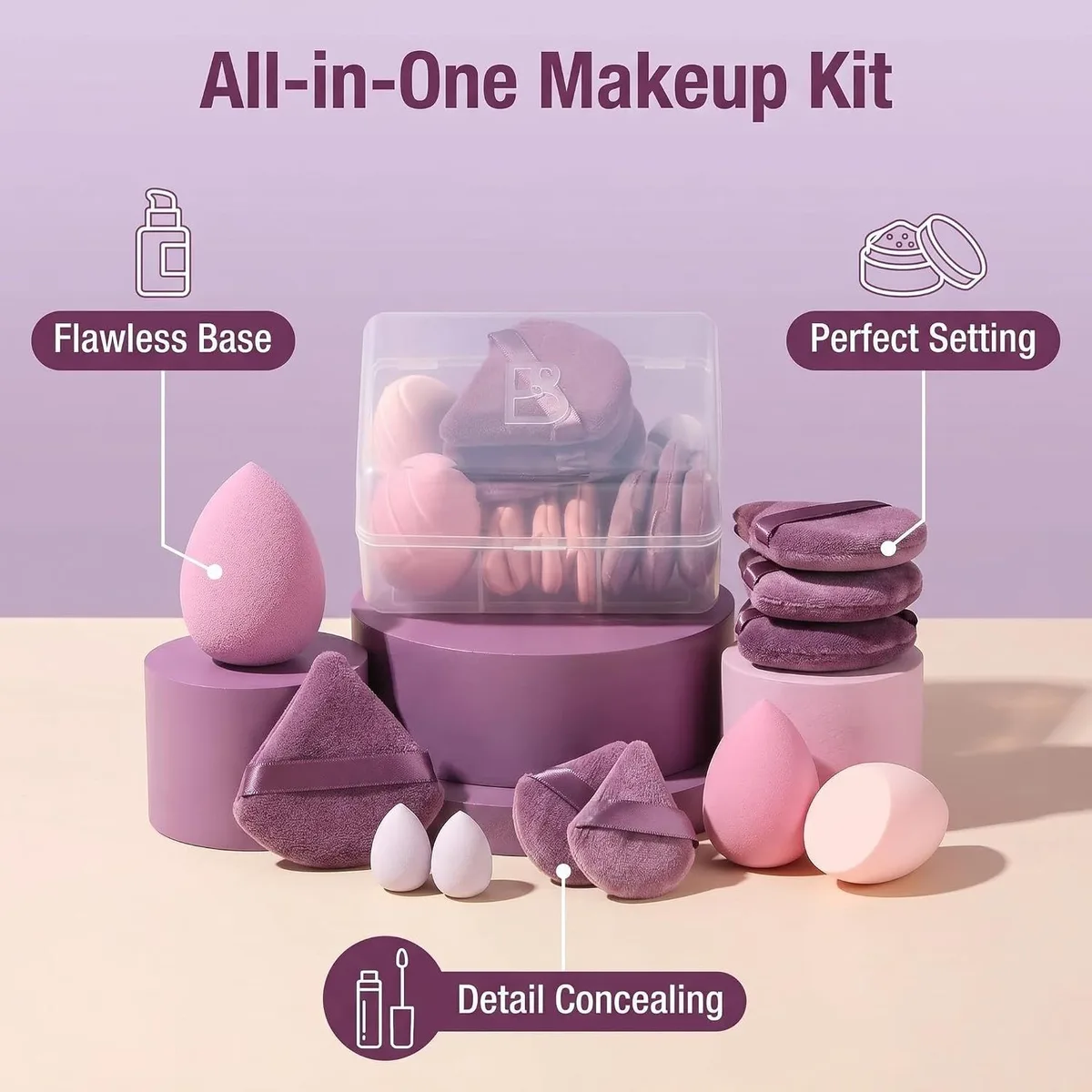makeup sponge and powder puff kit for base, setting and concealing