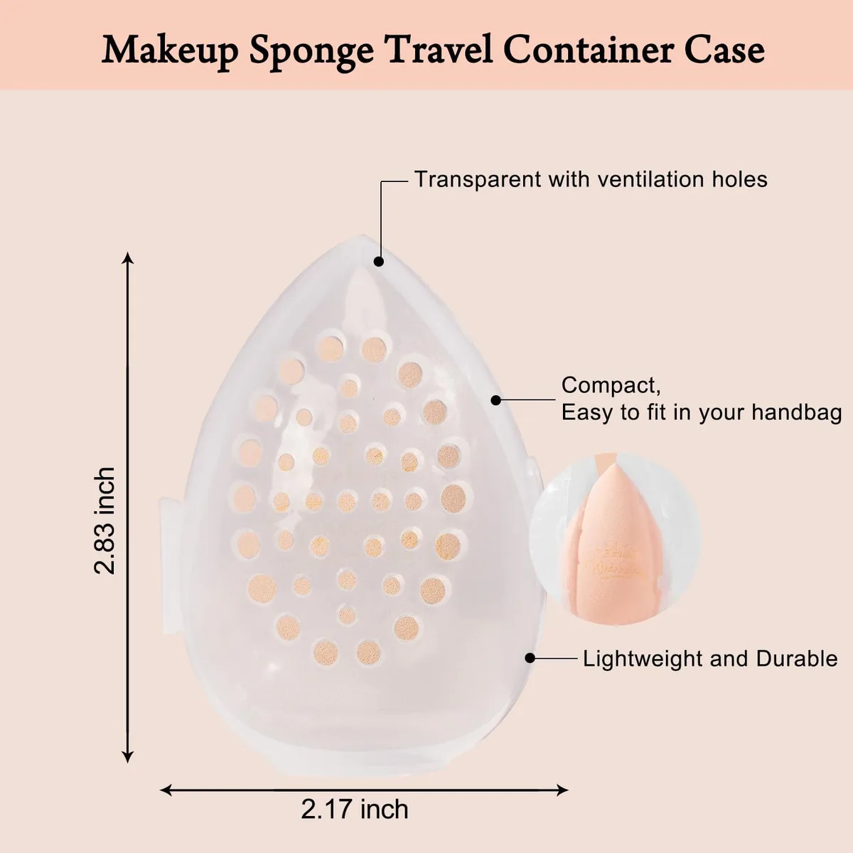 vented makeup sponge travel case measuring 2.83 by 2.17 inches