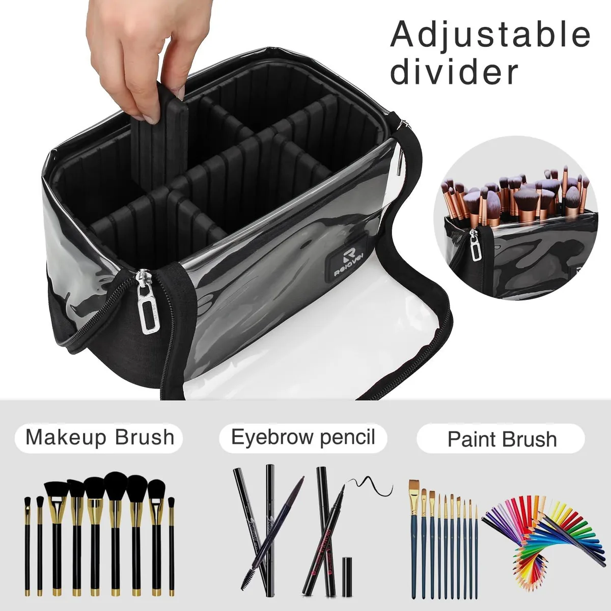 adjustable dividers inside the stand-up makeup brush bag
