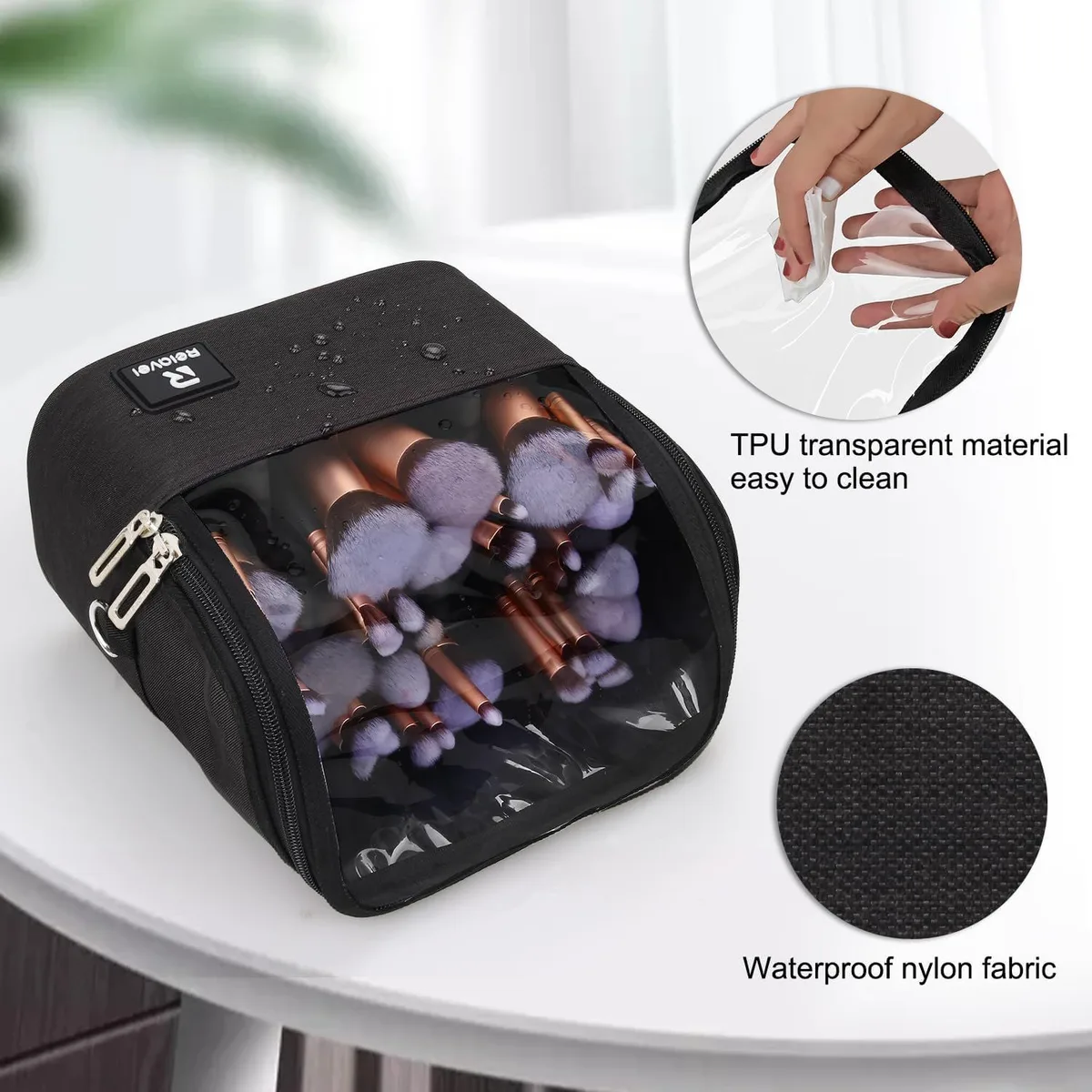 makeup brush bag with clear TPU panel and waterproof fabric