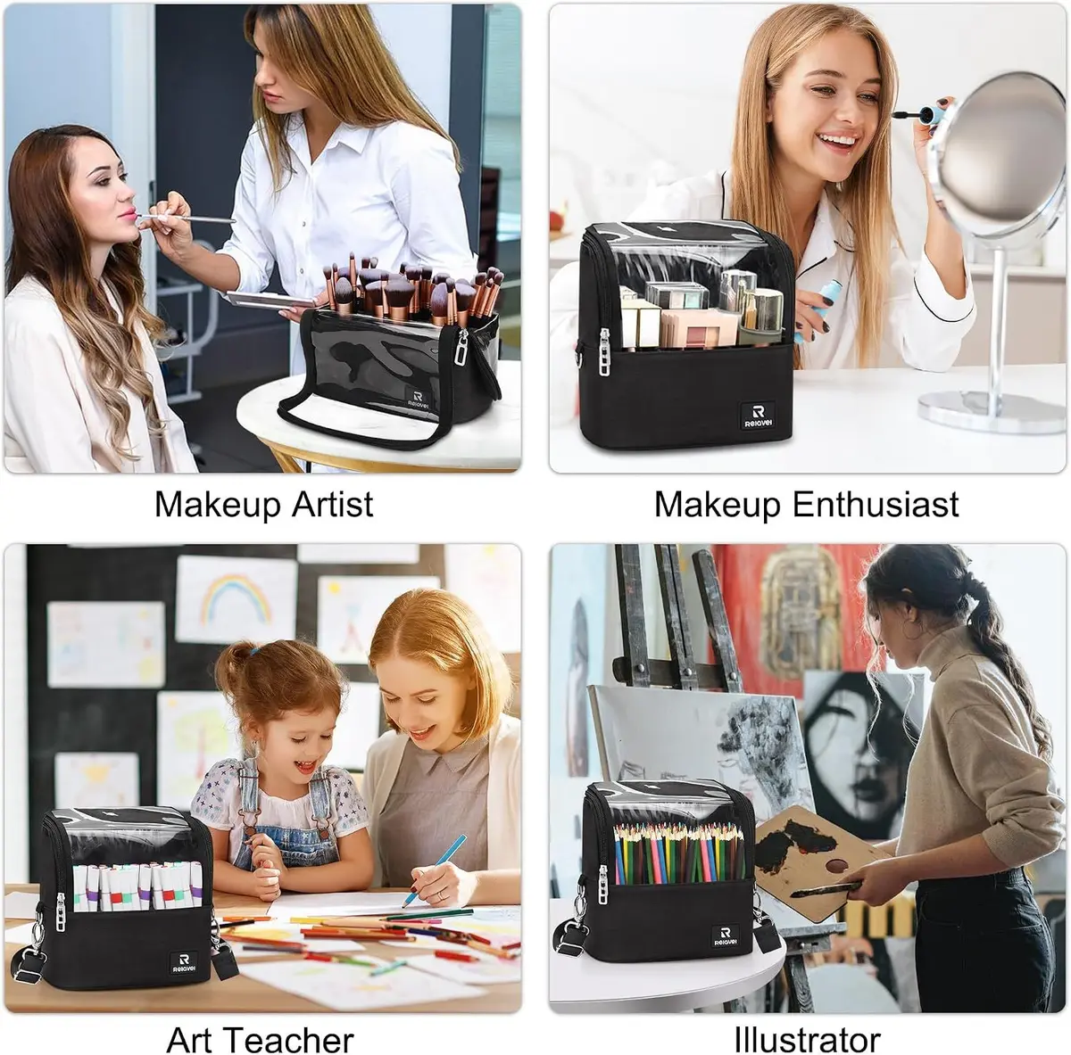 makeup brush bag used by a makeup artist and at a home vanity