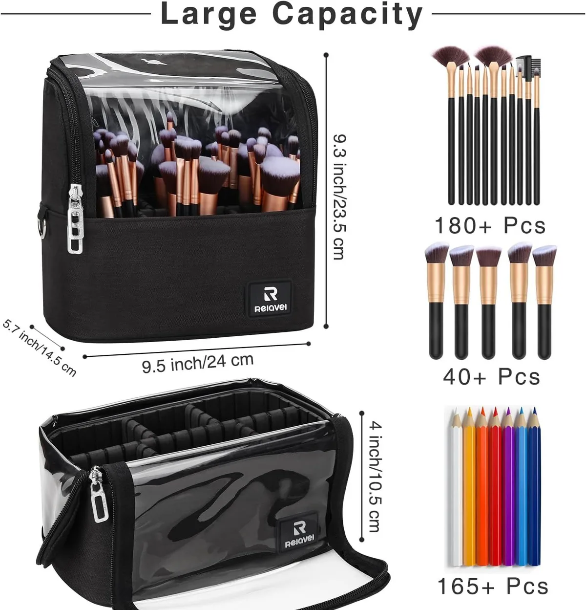 makeup brush bag size 9.5 by 5.7 by 9.3 inches and brush capacity