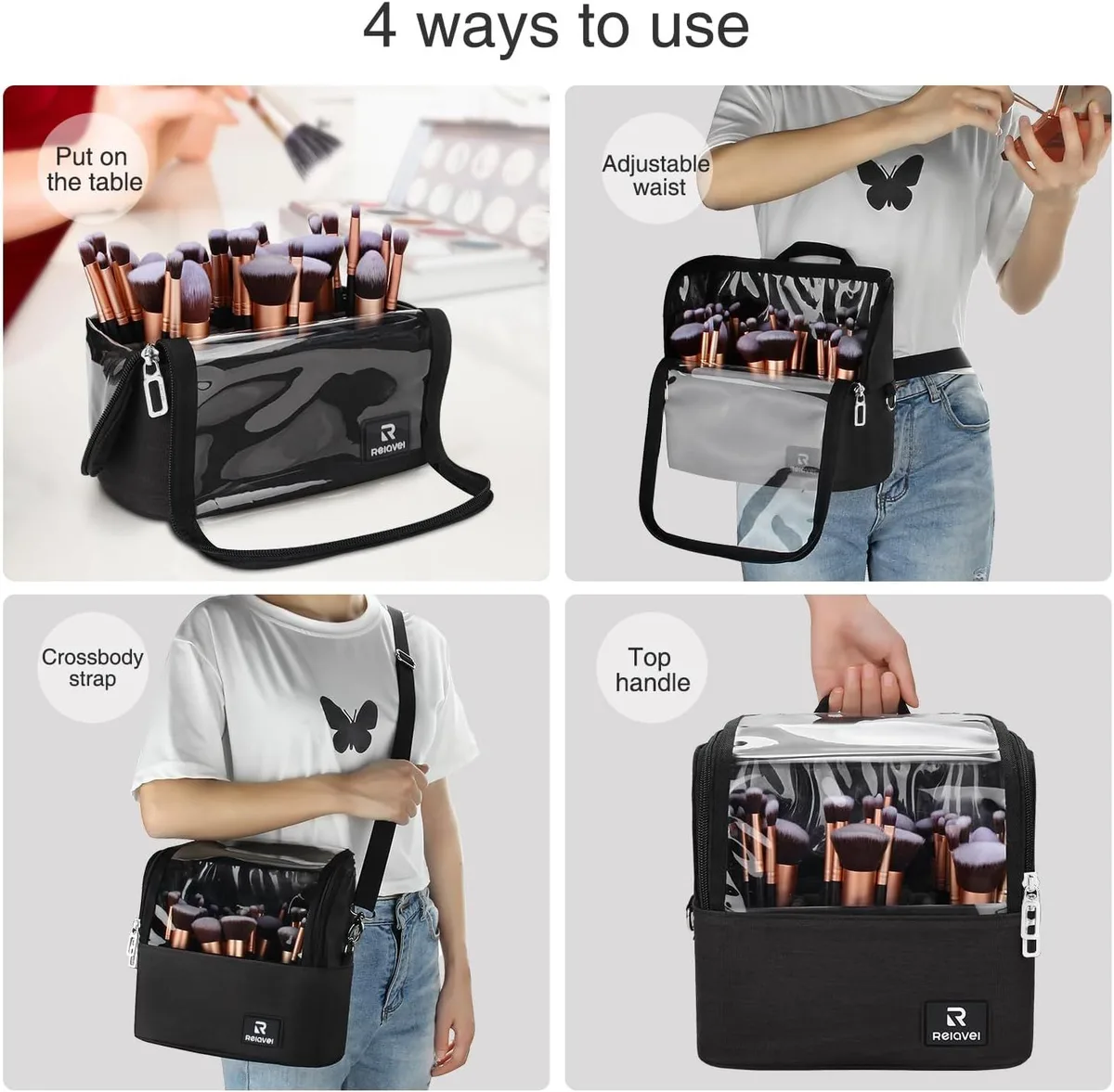 four ways to use the makeup brush bag: on the table, waist, crossbody and top handle