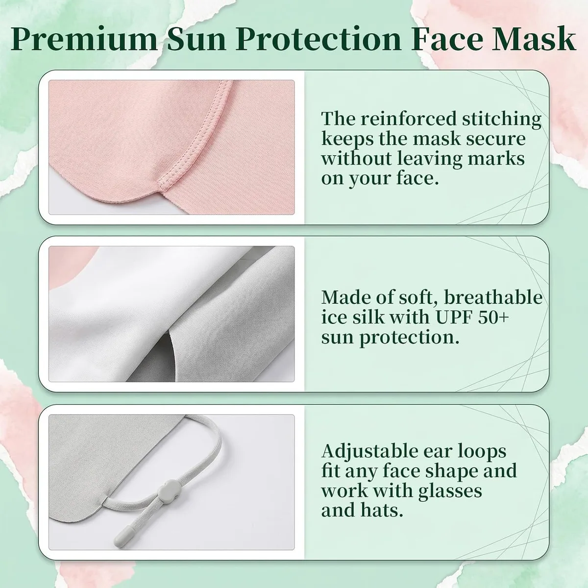 UPF 50+ sun face mask stitching, ice silk fabric and ear loops