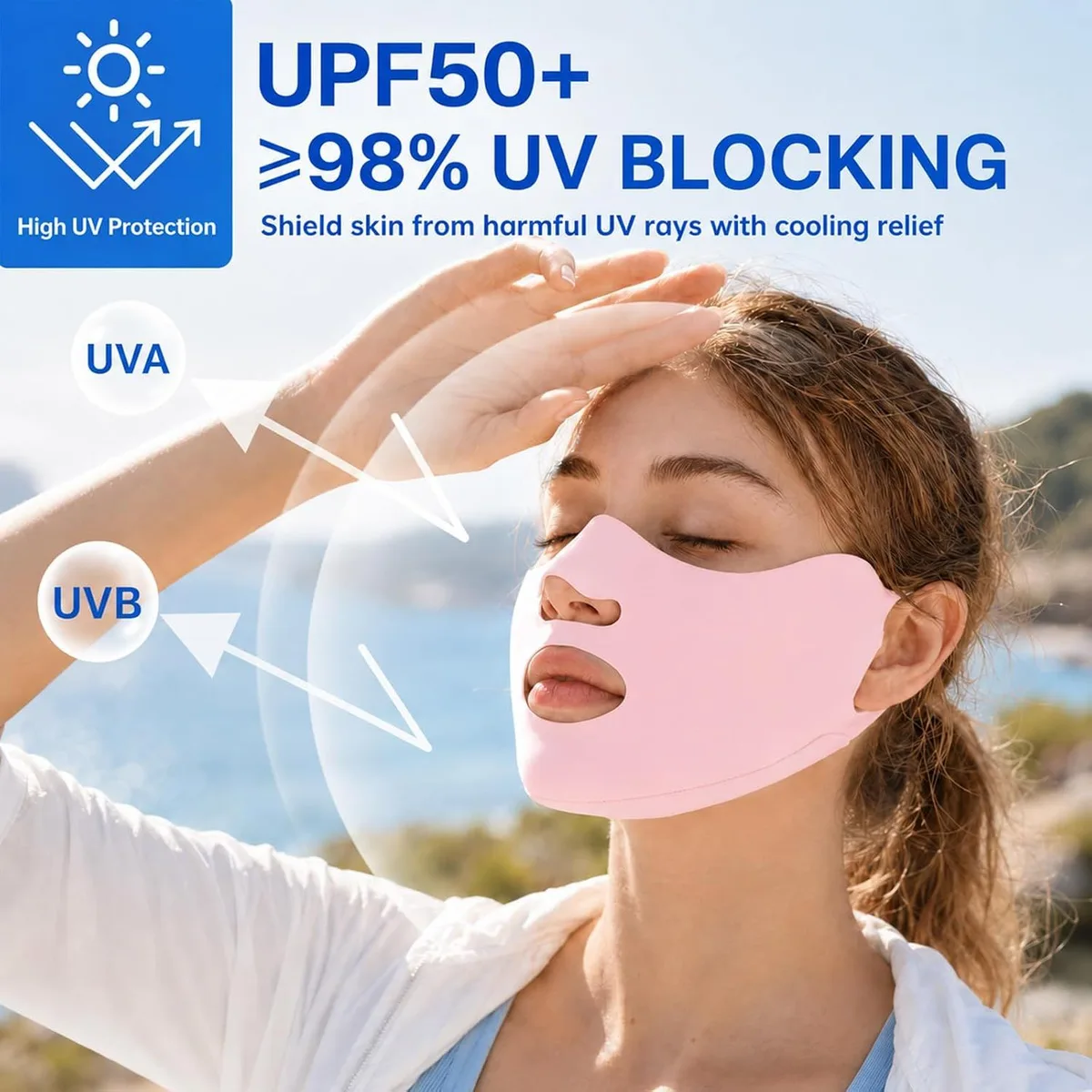 UPF 50+ UV face mask worn outdoors in the sun