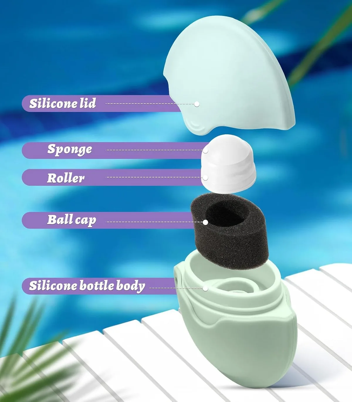 sunscreen applicator parts: silicone lid, sponge, roller, ball cap and bottle body