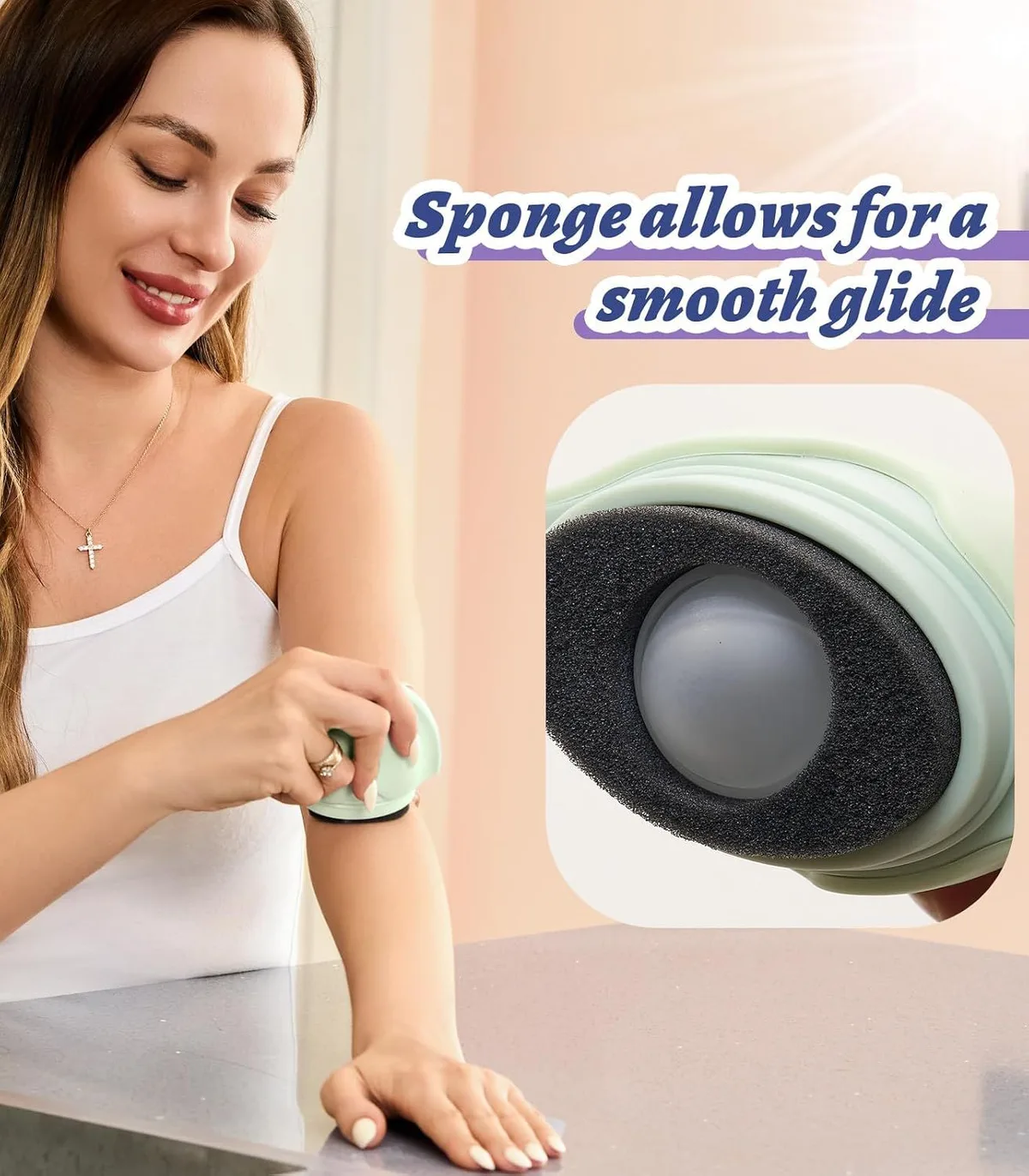 sponge head of the sunscreen applicator gliding over the arm