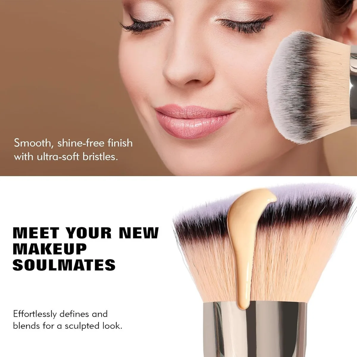 dual-ended foundation brush blending liquid foundation on the cheek