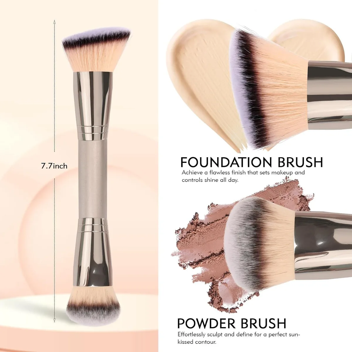 dual-ended foundation and powder brush measuring 7.7 inches