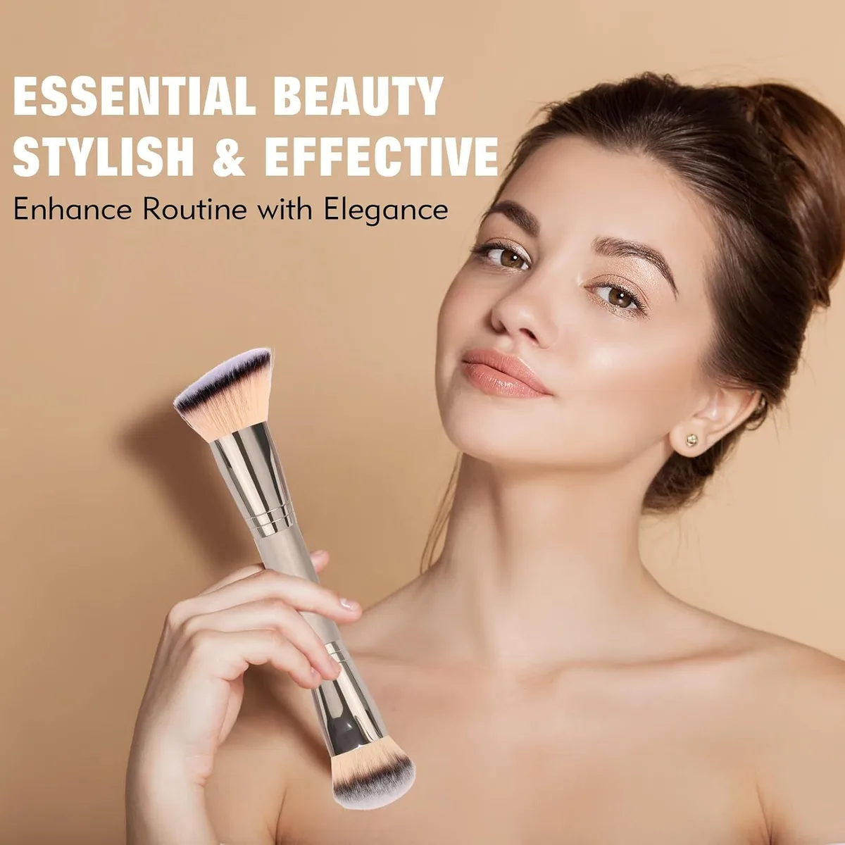 woman holding the dual-ended foundation and powder brush