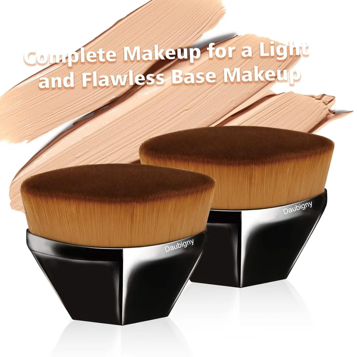 two flat top kabuki foundation brushes with foundation swatches