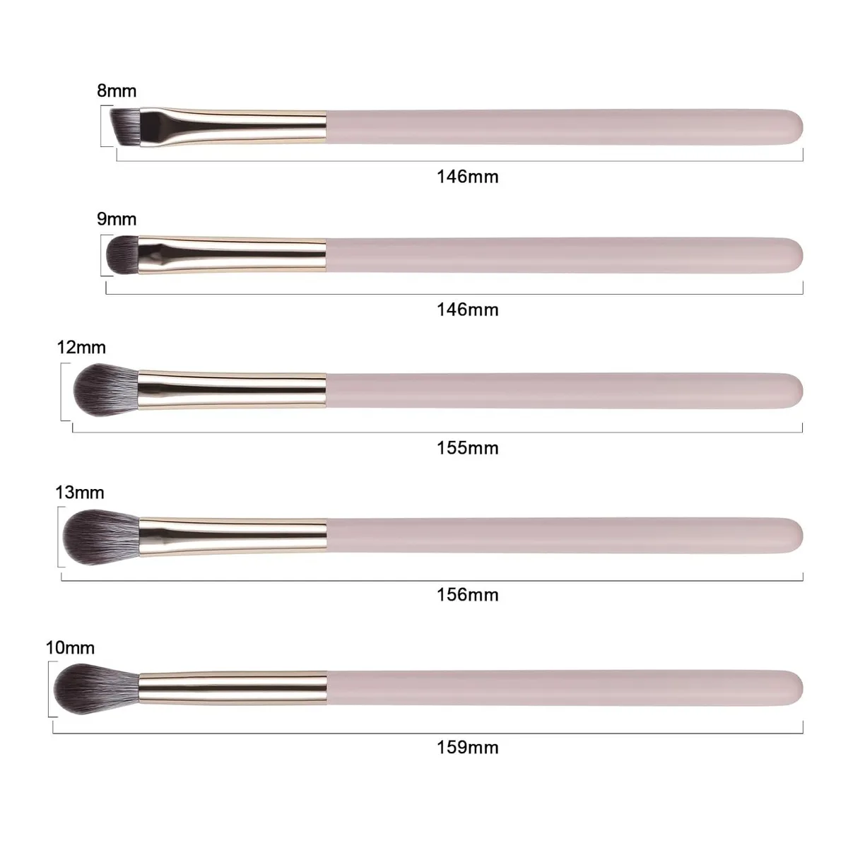head widths and lengths of the 5-piece eye makeup brush set