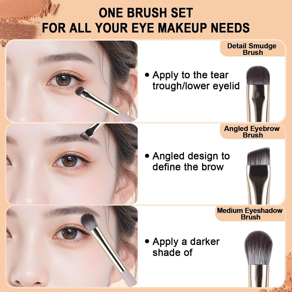 how to use the detail smudge, angled brow and medium eyeshadow brushes