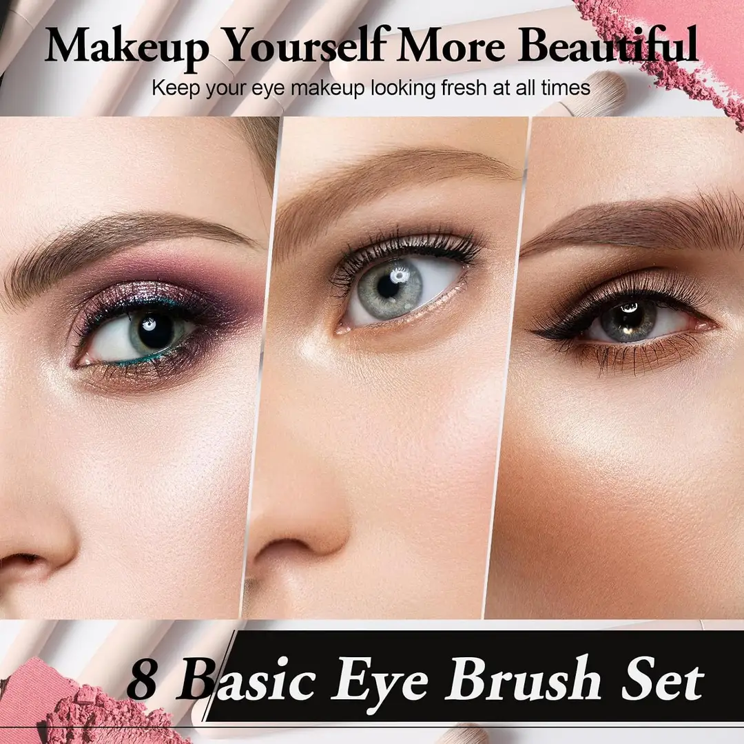 three eye makeup looks created with the 8-piece eyeshadow brush set