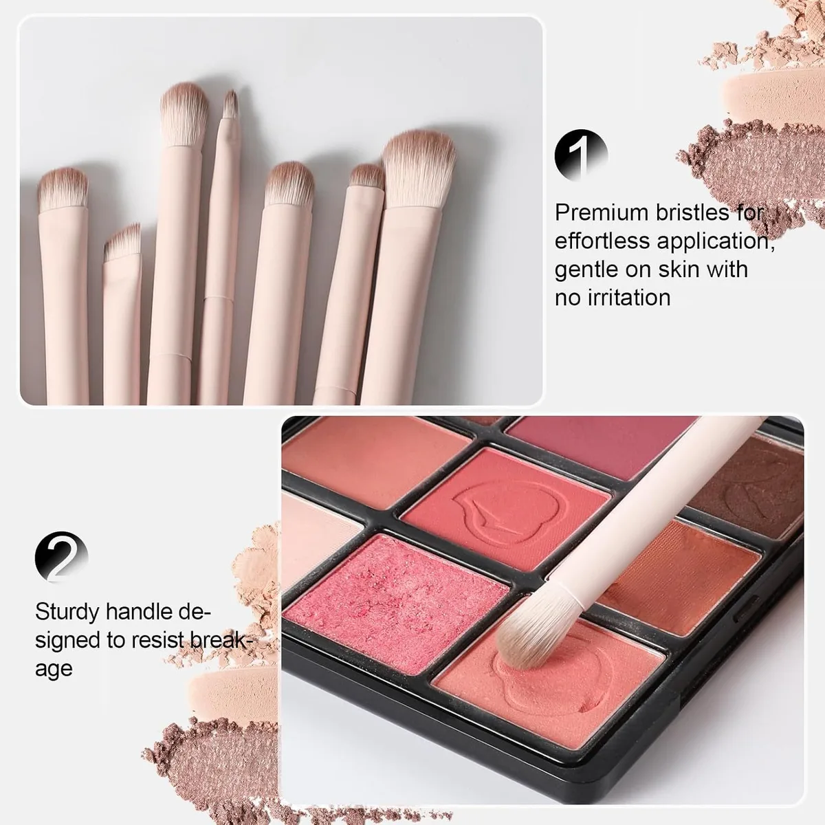eyeshadow brushes picking up pink shadow from a palette