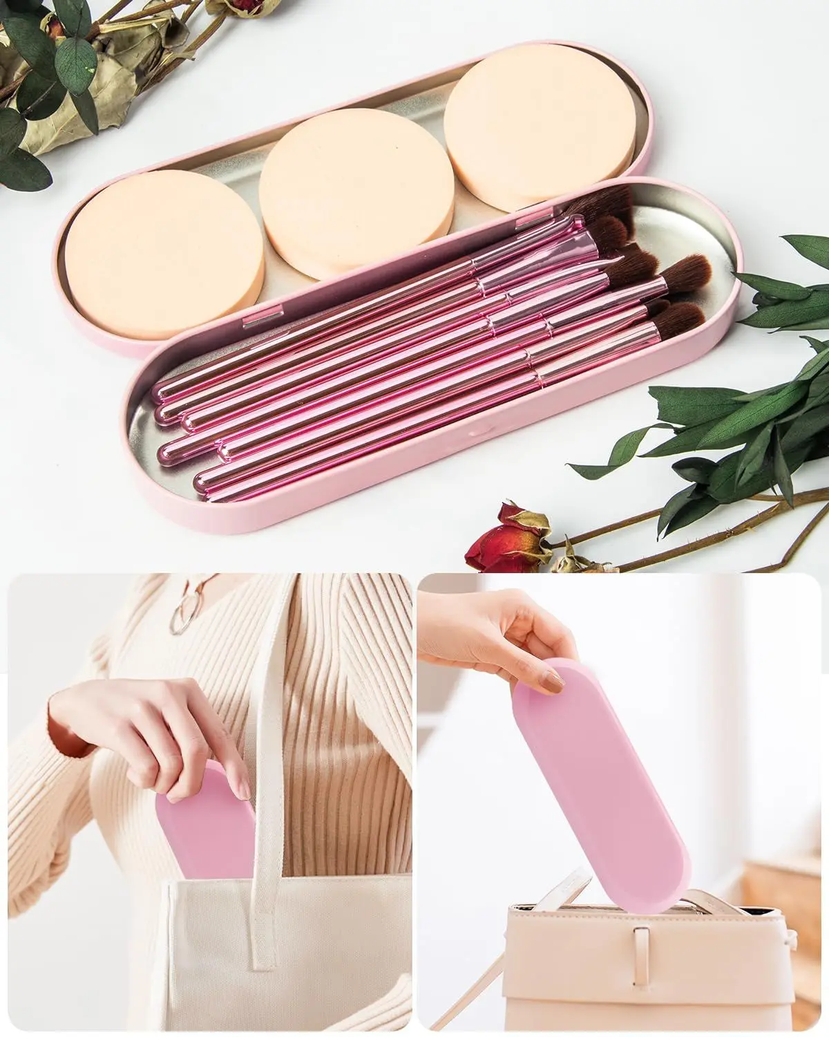 pink eyeshadow brush set stored in its slim travel case