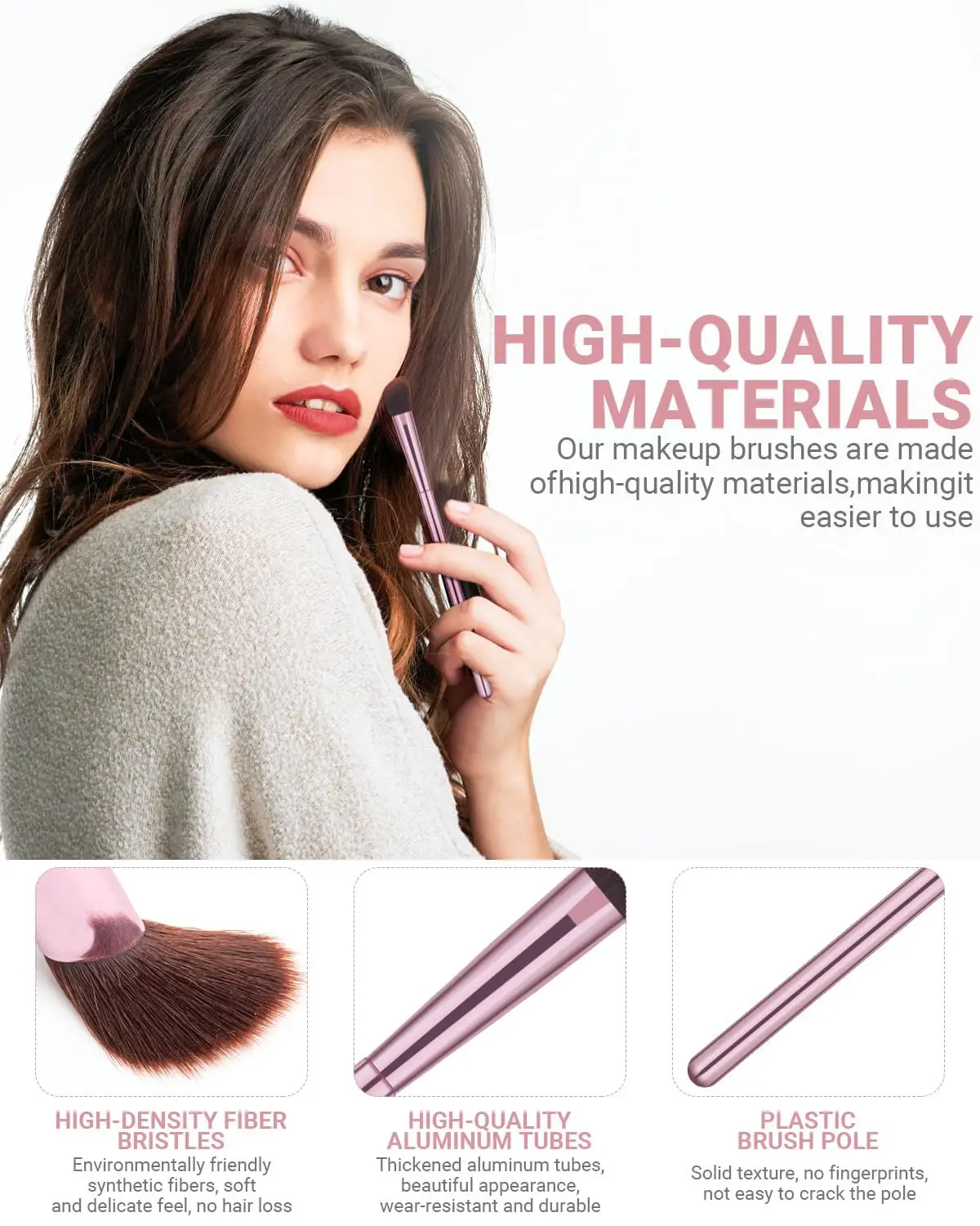 soft bristles, aluminum ferrule and handle of the pink eyeshadow brushes