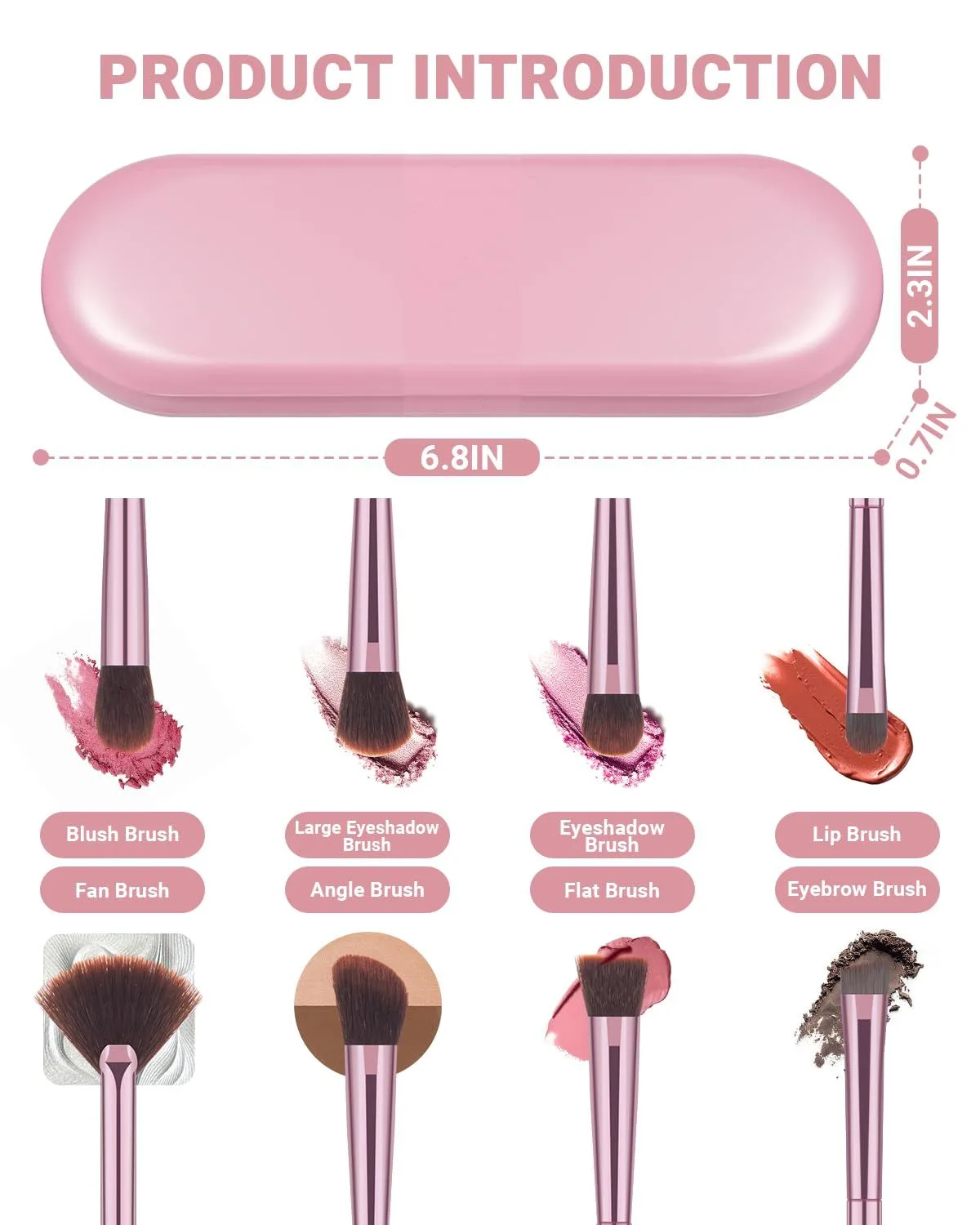 guide to each brush in the pink eyeshadow brush set and case size