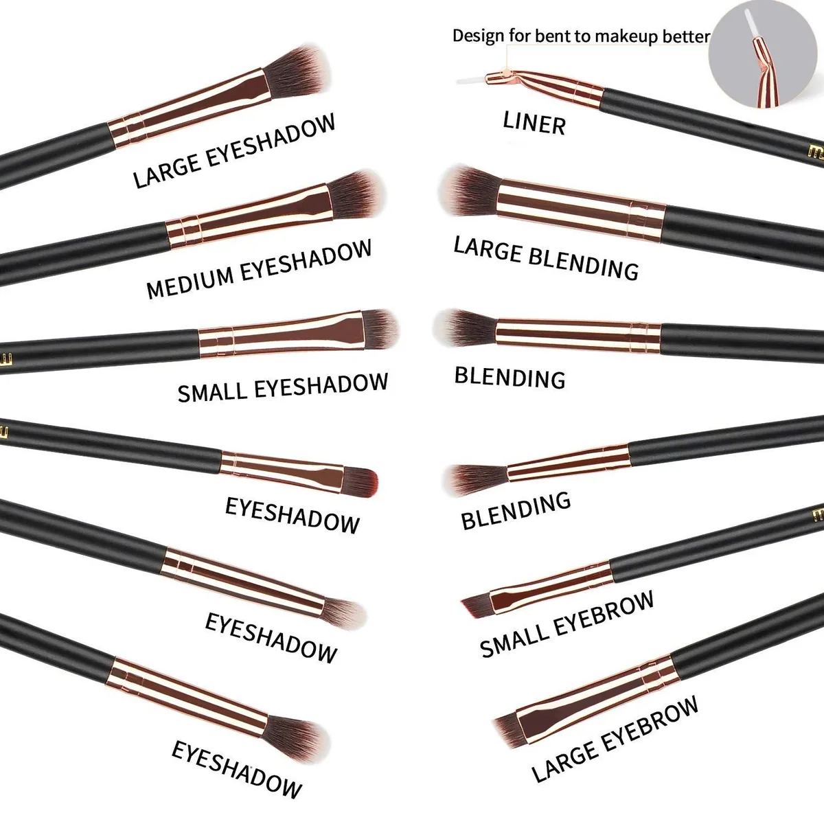 each brush in the 12-piece eye makeup brush set labeled by name