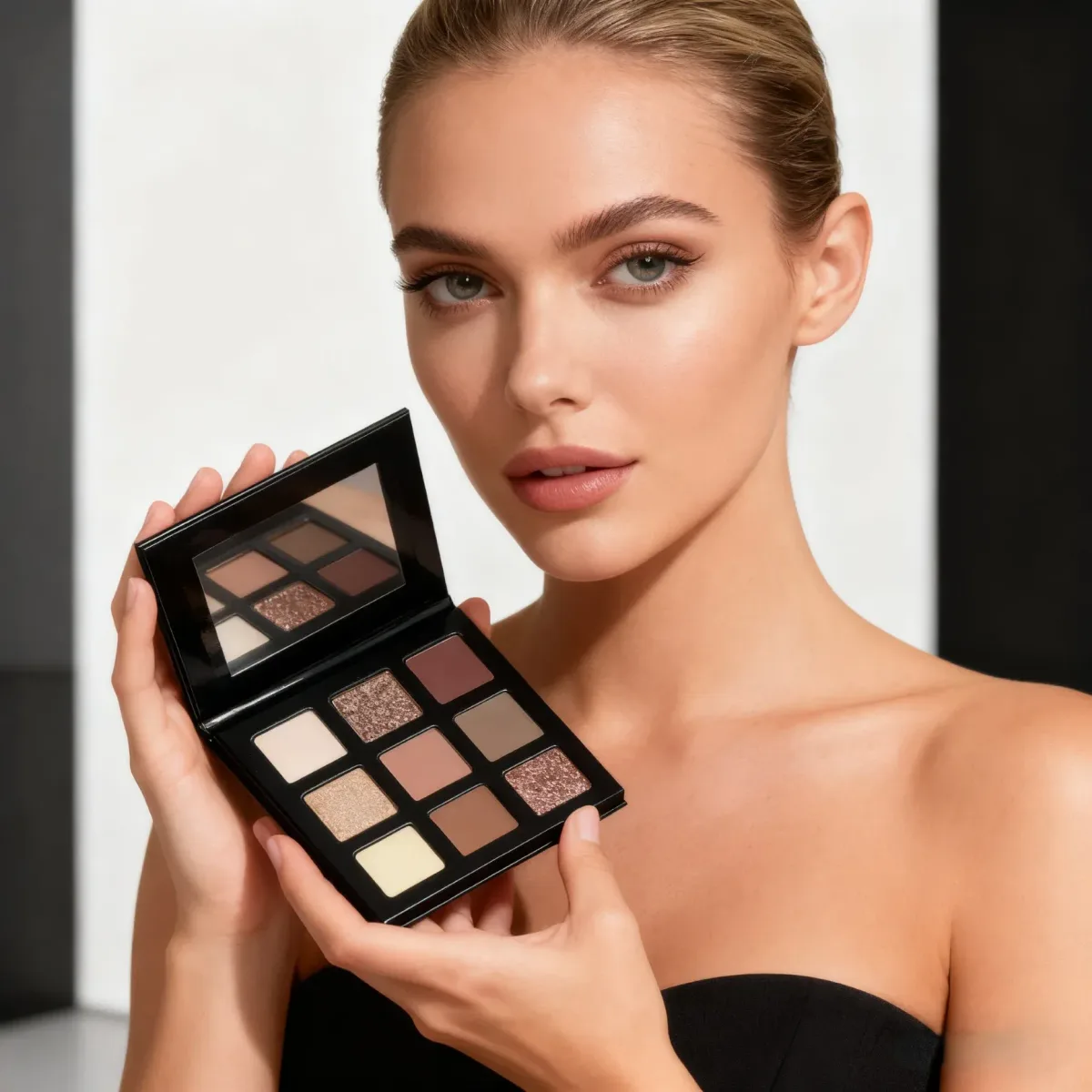 soft neutral eye look created with the mini eyeshadow palette