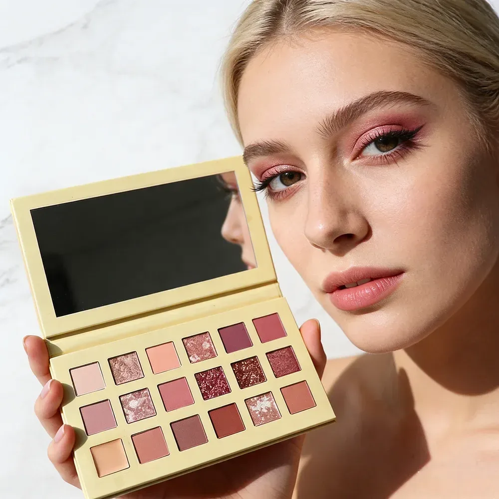 rosy pink eye look created with the 18-shade eyeshadow palette
