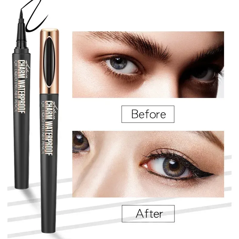 eyes before and after applying the black liquid eyeliner pen