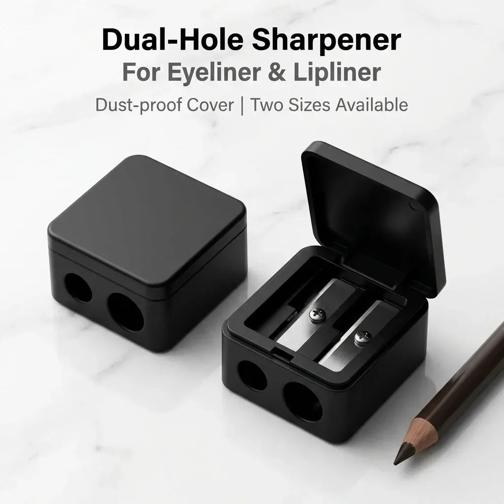 black cosmetic pencil sharpener with the dust-proof cover open