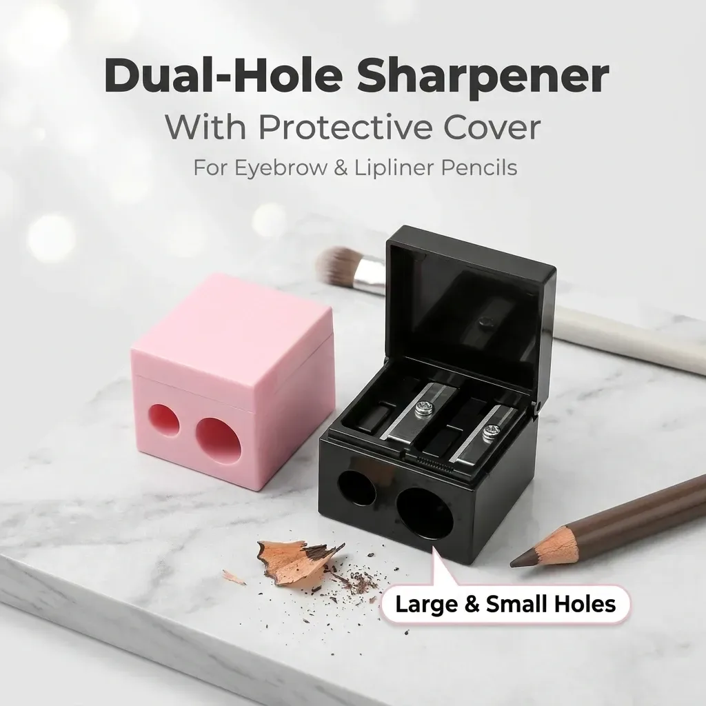 cosmetic pencil sharpener in black and pink with pencil shavings