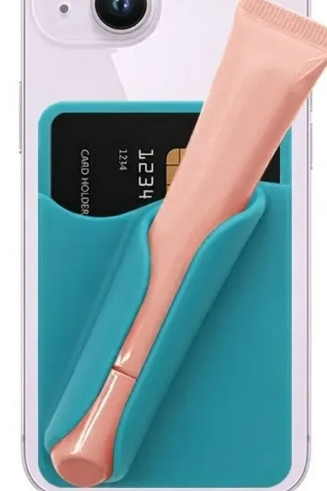 silicone card holder on the back of a phone holding a card and a lip gloss tube